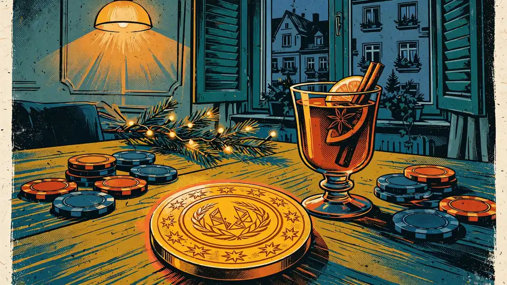 Goldene Casino-Chips und Glühwein auf einem Holztisch mit festlicher Beleuchtung