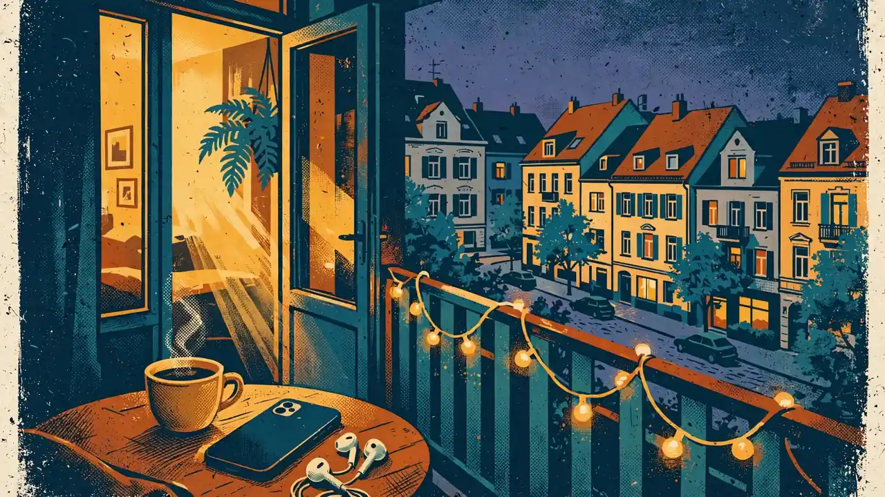 Gemütlicher deutscher Balkon am Abend mit Kaffeetasse und Smartphone.