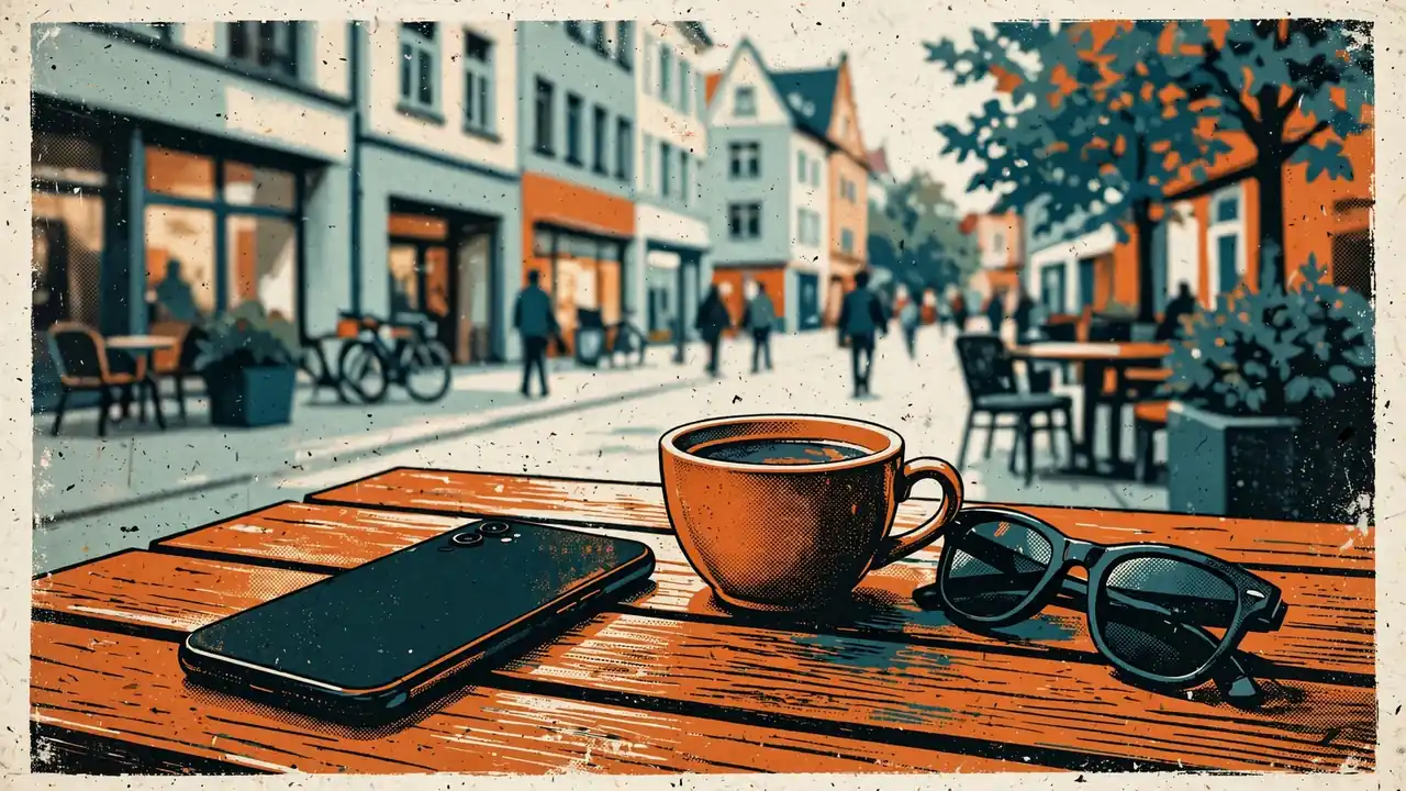 Smartphone auf einem Cafétisch in einer deutschen Innenstadt.