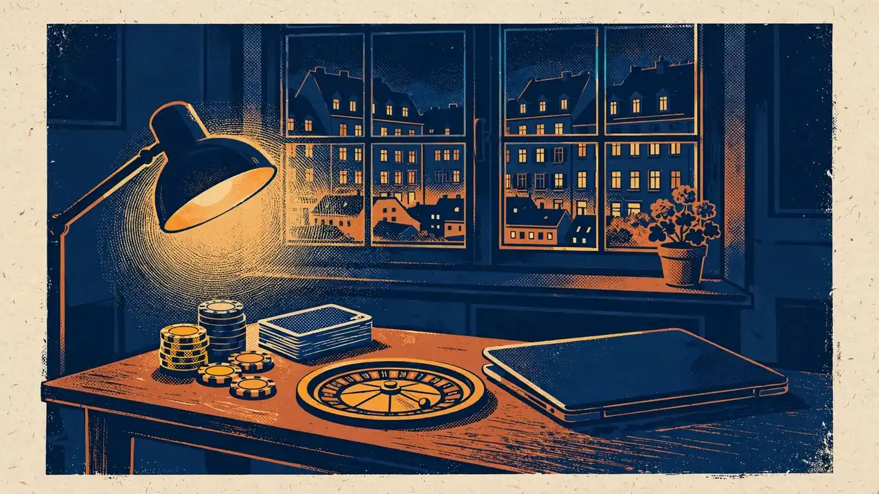 Chips, Karten und Roulette auf einem Tisch in einem modernen deutschen Apartment bei Nacht