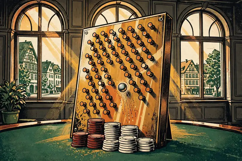 Holzbrett für Plinko mit silberner Kugel und gestapelten Casino-Chips auf grünem Filztisch