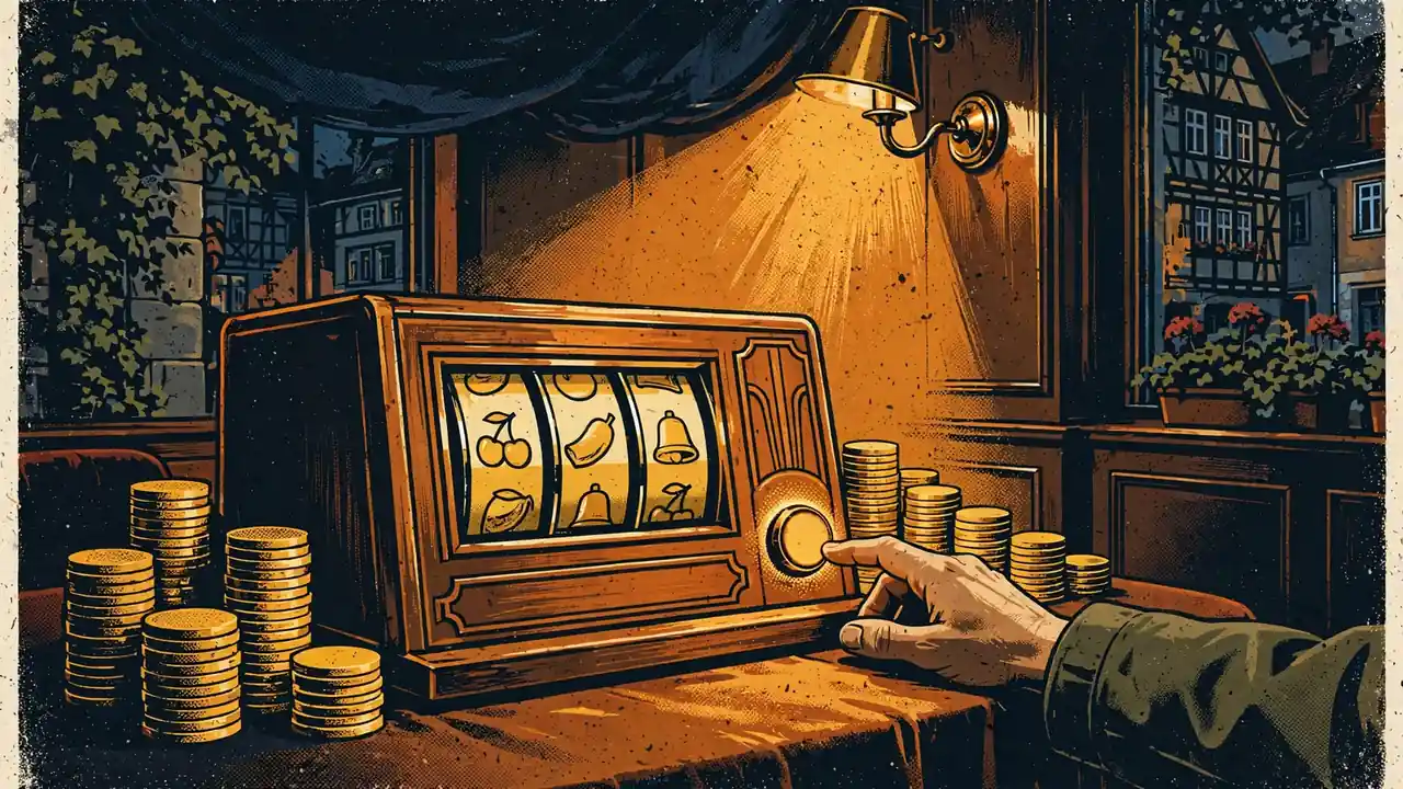 Stilvolle Spielbank-Lounge in Deutschland mit klassischem Spielautomaten und goldener Bonus-Aktivierung.