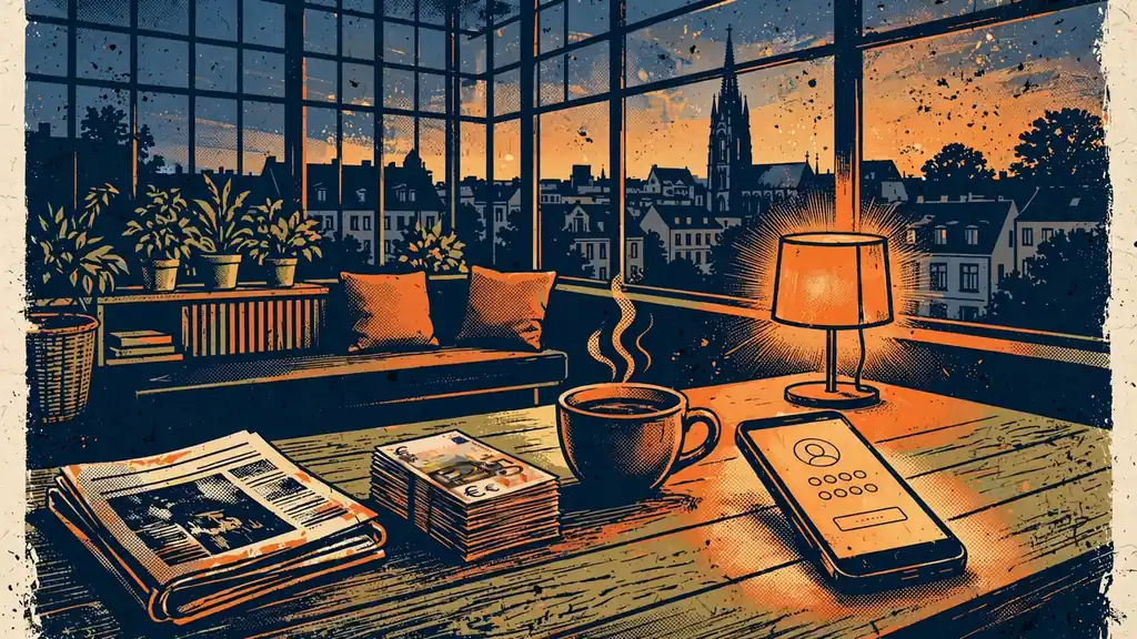 Modernes deutsches Wohnzimmer mit Smartphone, Euro-Banknoten und Stadtsilhouette im Fenster.