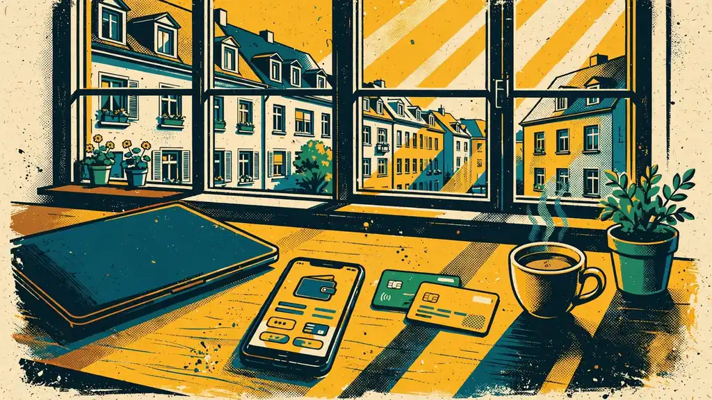 Moderner Schreibtisch mit Smartphone, geschlossenem Laptop und Zahlungskarten im Tageslicht.