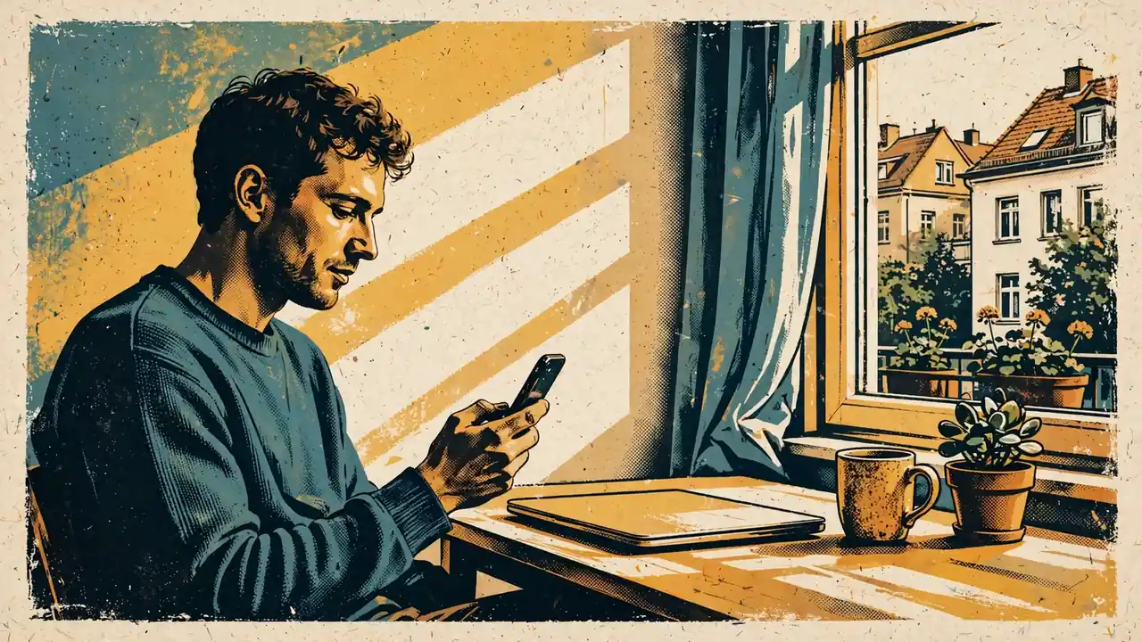 Person mit Smartphone an modernem Schreibtisch in heller Wohnung mit warmem Nachmittagslicht.