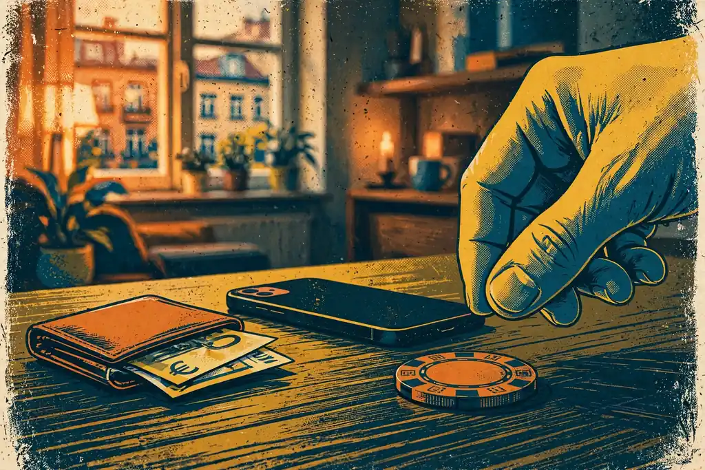 Hand mit Spielchip neben Smartphone auf Holztisch