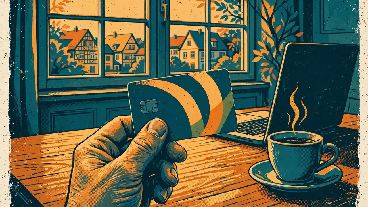Hand mit Visa-Kreditkarte über Holztisch in deutscher Wohnung