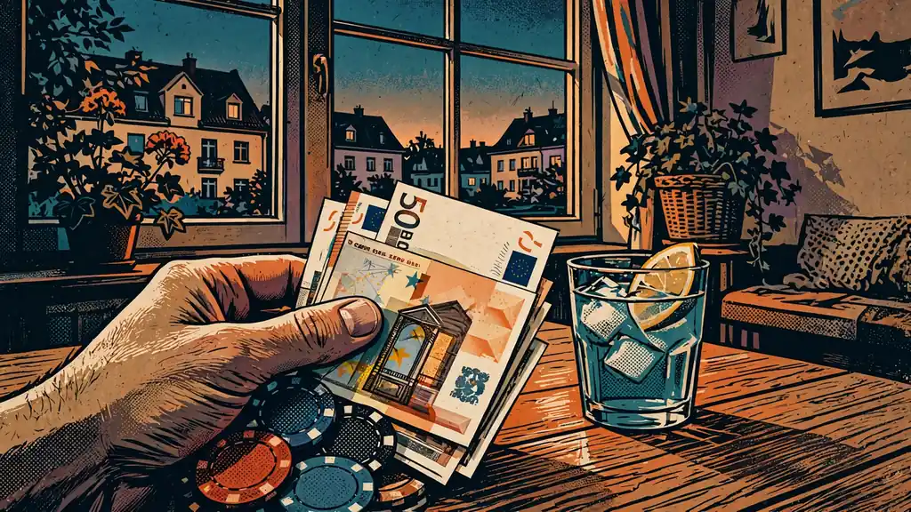 Hand mit Euro-Banknoten und Casino-Chips auf einem Holztisch in einer deutschen Wohnung.
