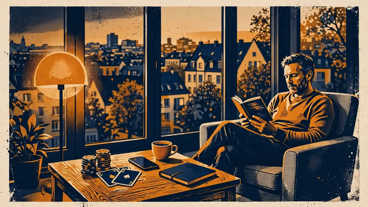 Modernes deutsches Wohnzimmer mit Spielchips und Karten auf dem Tisch