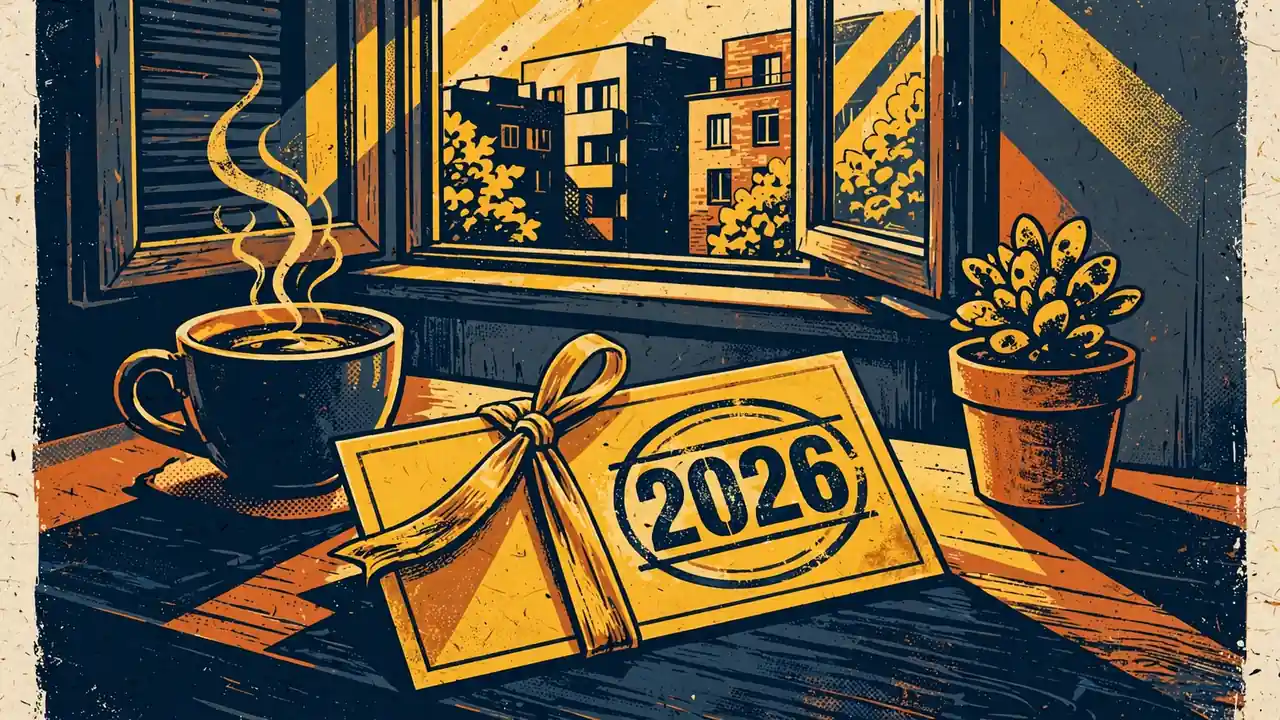 Geschenkgutschein mit goldenem Band und 2026-Stempel auf einem Schreibtisch bei warmem Licht.