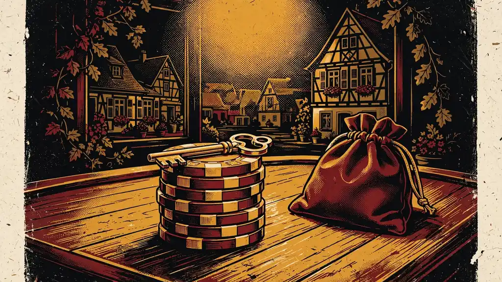 Stapel hochwertiger Casino-Chips mit goldenem Schlüssel auf dem Filztisch