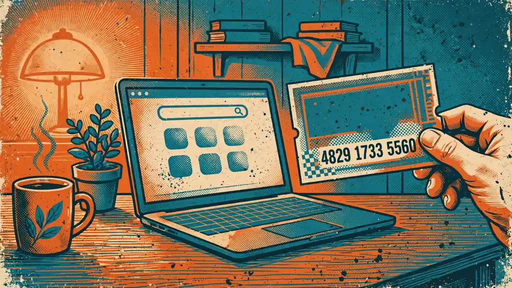 Hand hält Paysafecard-Gutschein mit sichtbarem Code neben einem Laptop.