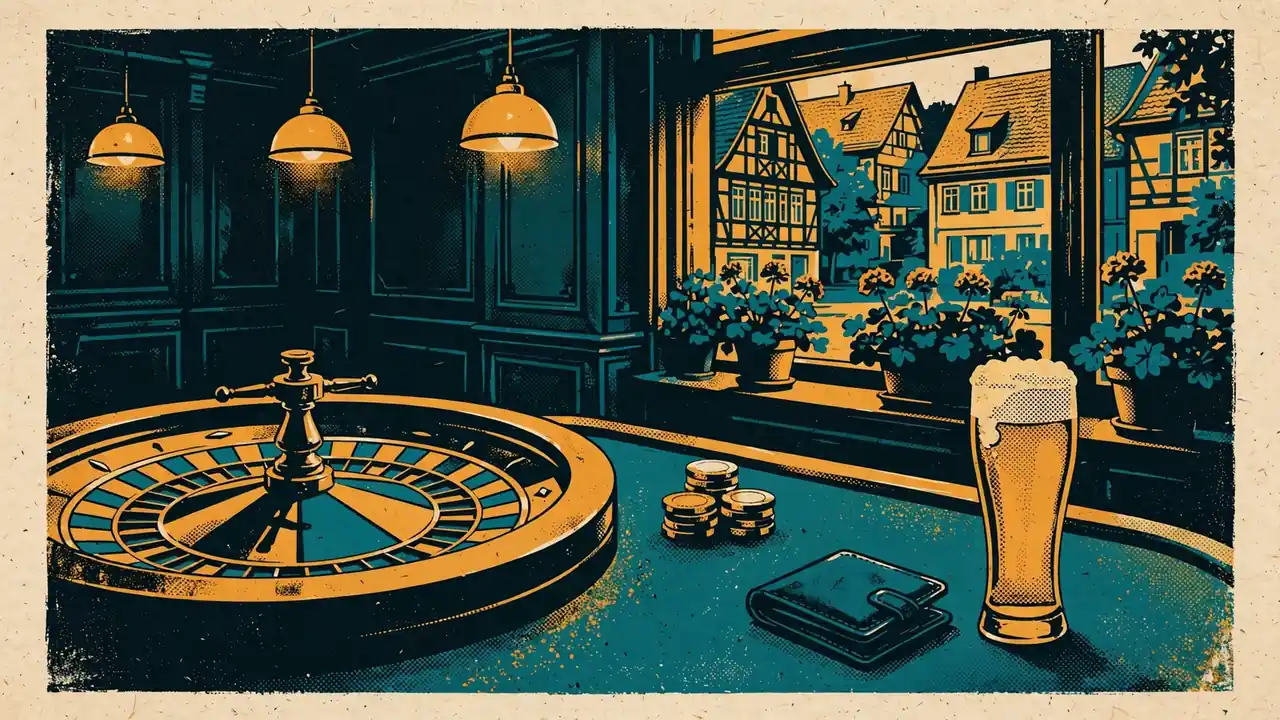 Roulette-Tisch mit Chips und Bierglas in stimmungsvollem Raum.
