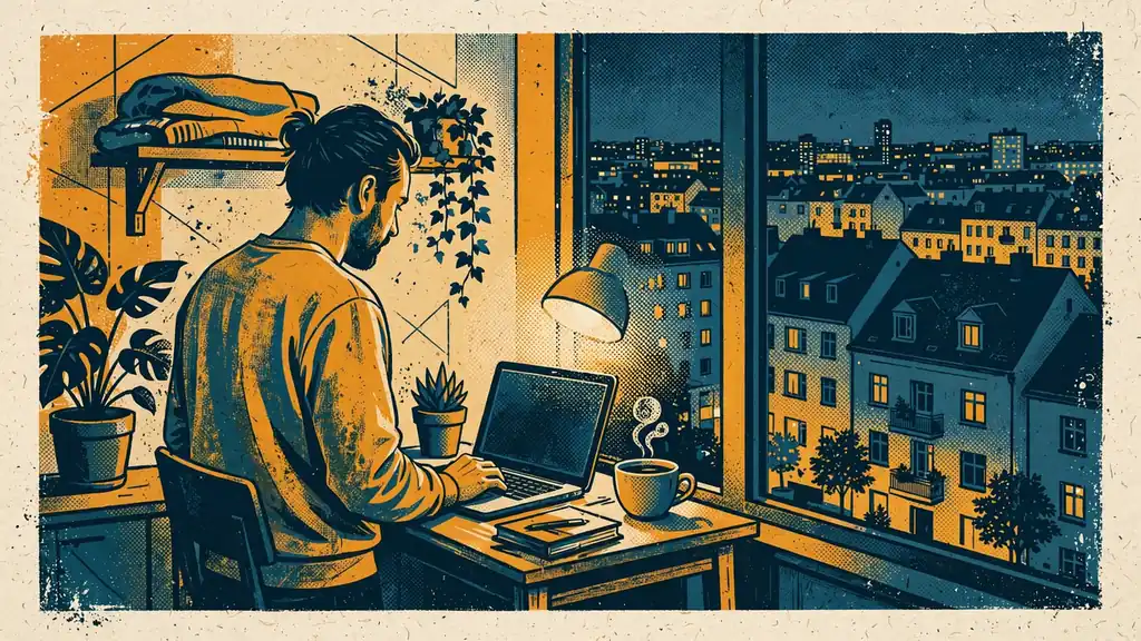 Person an einem Laptop in moderner Wohnung, bereit sofort zu spielen.