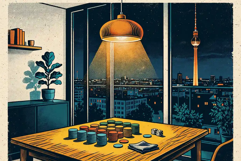 Pokertisch mit gestapelten Chips in modernem Berliner Apartment bei Nacht mit beleuchtetem Fernsehturm
